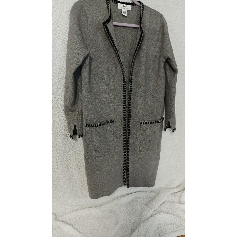 Magaschoni Open Front Cardigan Gray Black Trim Size S Long Midi Blazer Sweater - Picture 8 of 15